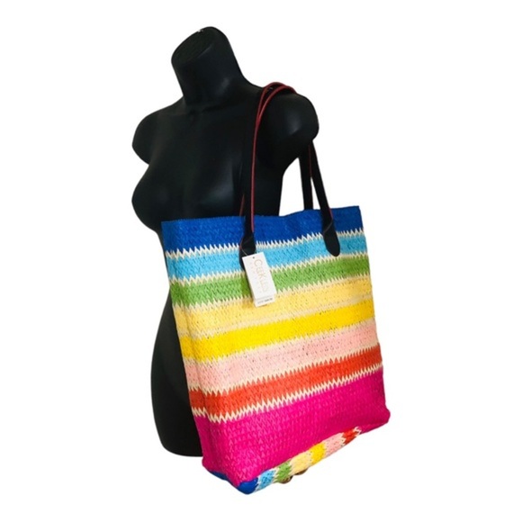 Cee Klein Rainbow stripe straw jute beach summer island bucket tote shoulder bag - Picture 1 of 16
